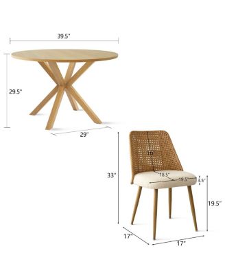 5-Piece Round Glass Dining Set, Modern Kitchen Table with Oak Finish Metal Legs and 4 Upholstered Chairs for Small Spaces