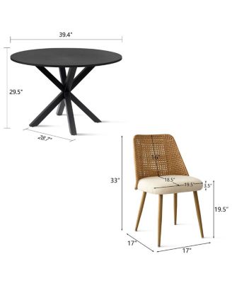 5-Piece Dining Set, 39.5'' Round Table with Faux Rattan Back Chairs and Metal Legs for Kitchen or Small Dining Room-Maison Boucle