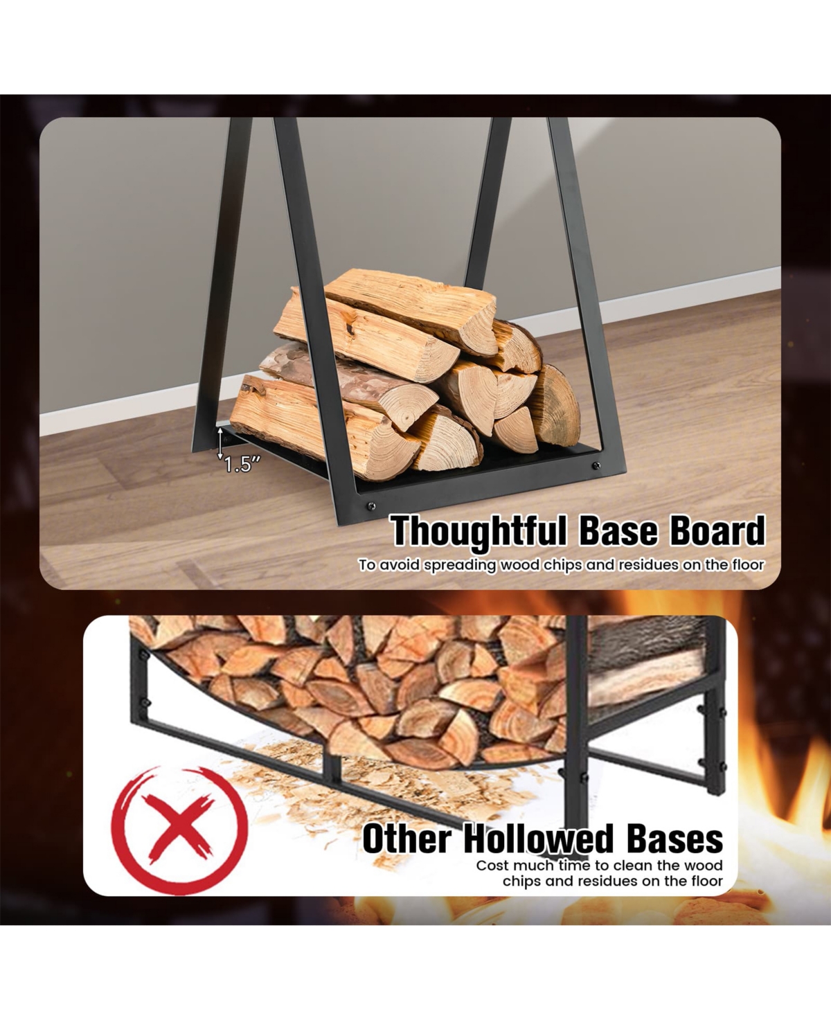 Sugift Triangle Firewood Rack with Raised Base for Fireplace Fire Pit-Black