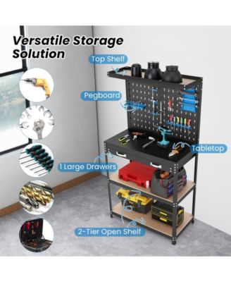 Tool Storage Workbench with Pegboard with 14 Hanging Accessories for Garage-Black and Blue