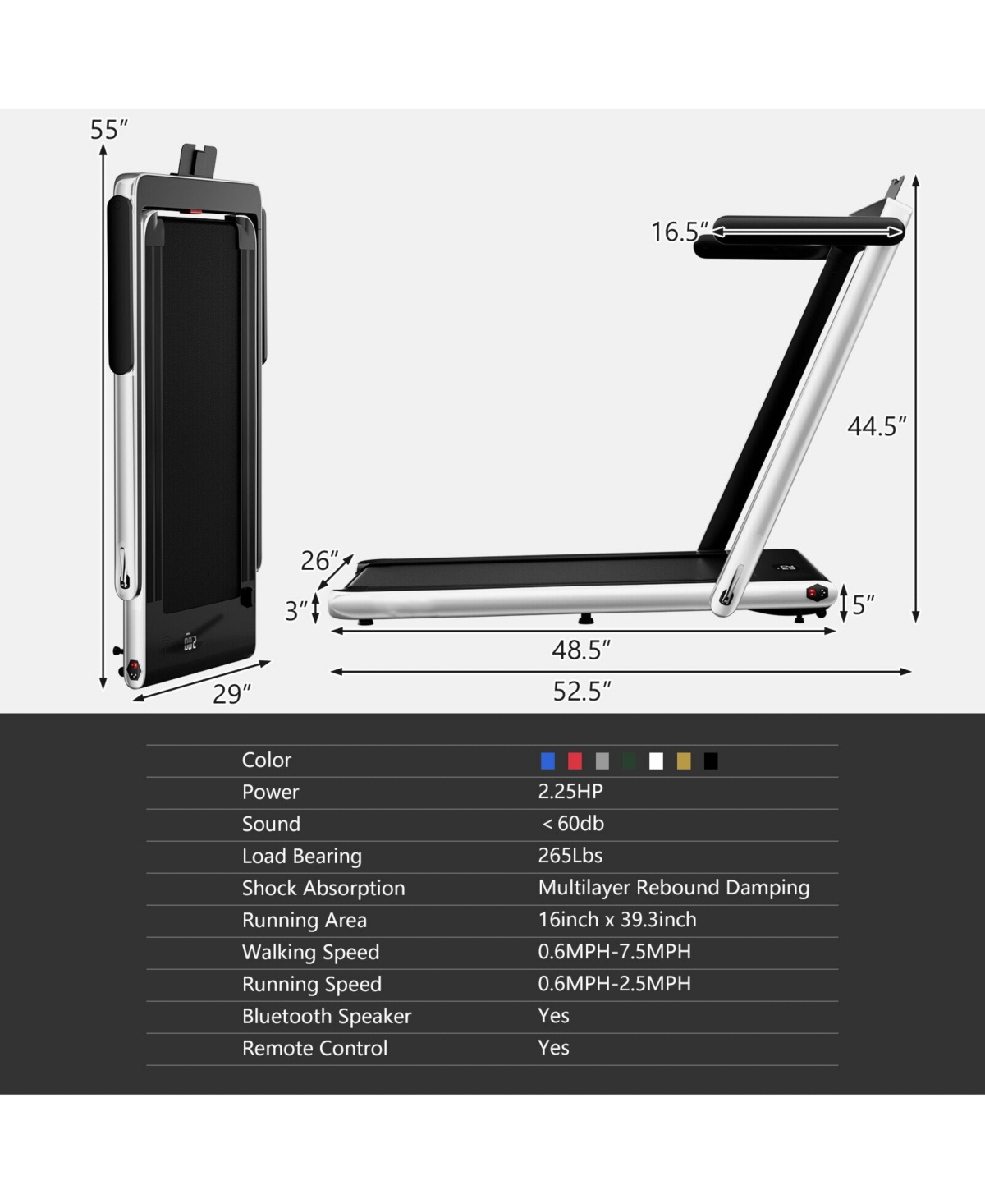 2.25HP 2 1 Folding Treadmill with App Speaker Remote Control