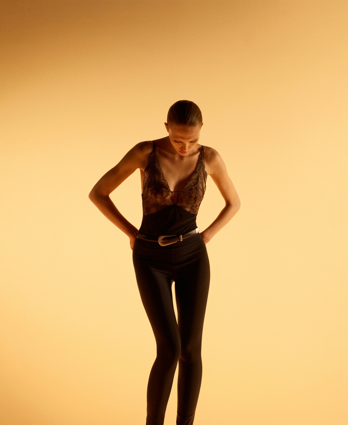 Mango X Kaia Gerber Lace Combo Bodysuit In Black