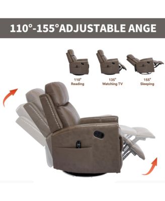 Genuine Leather Heat Massage Manual Recliner Chair with Rocker and Swivel for Living Room