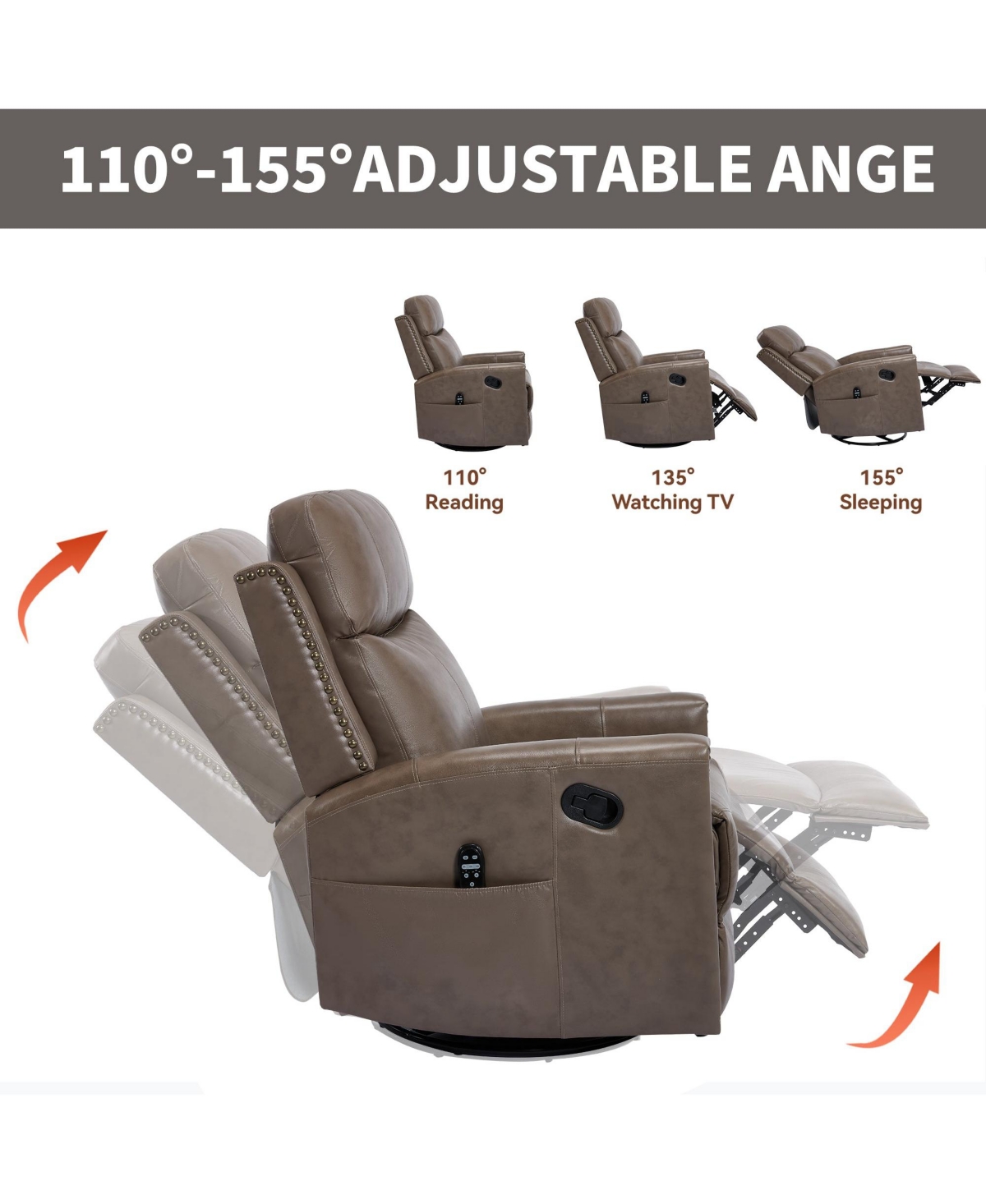 Genuine Leather Heat Massage Manual Recliner Chair with Rocker and Swivel for Living Room
