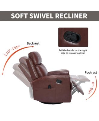 Genuine Leather Heat Massage Manual Recliner Chair with Rocker and Swivel for Living Room