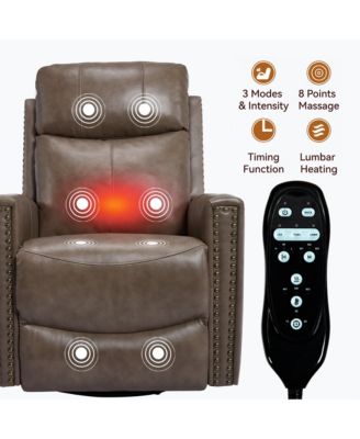 Genuine Leather Heat Massage Manual Recliner Chair with Rocker and Swivel for Living Room