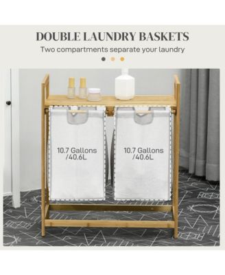 Double Laundry Hamper with 2 Removable Bags, and Natural Wood
