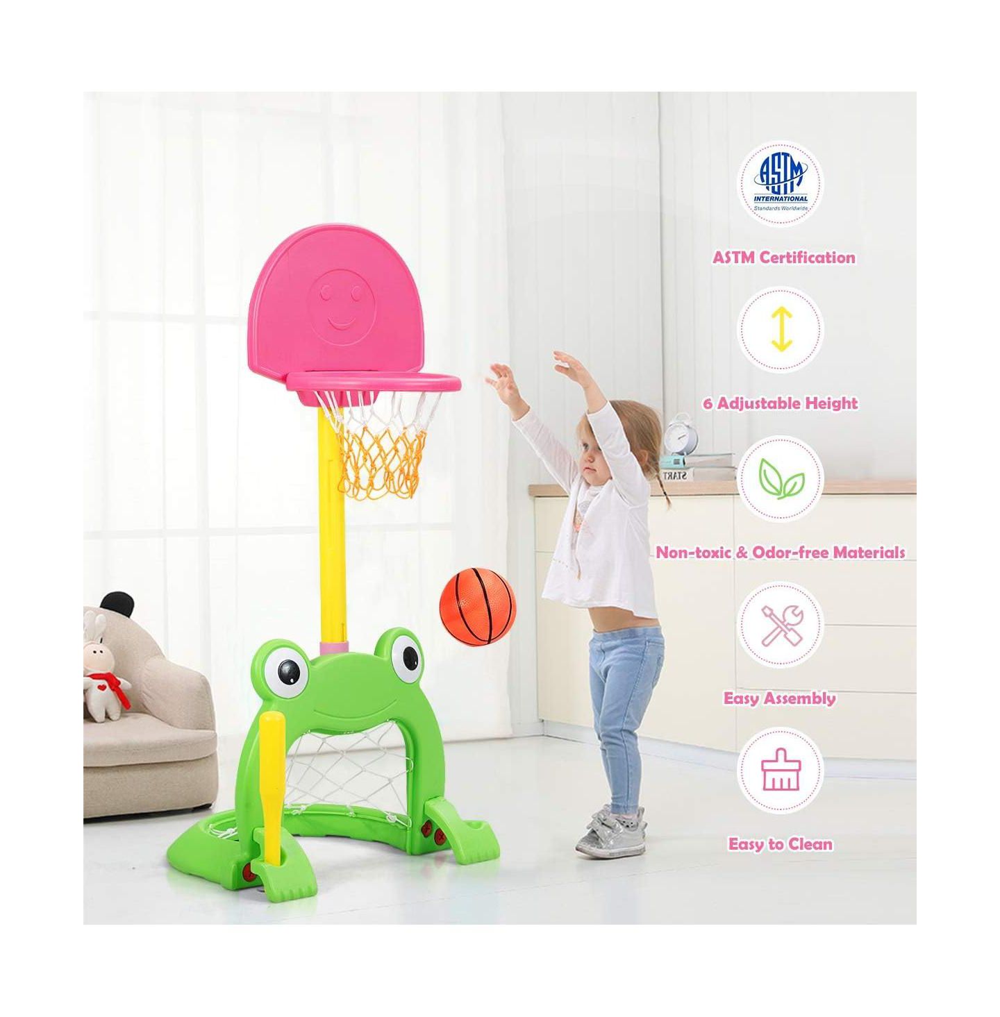Детская игрушка Mecale 3-in-1 Adjustable Height Kids Basketball Hoop Sports Center, Ages 3-8, цвет: Зелёный — фото 3