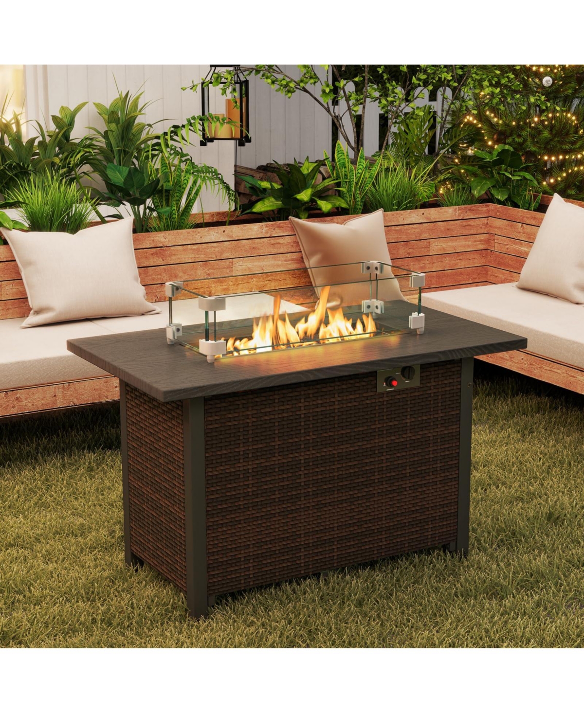 Mecale 50000 Btu 2 Inch Ropane Gas Fire Pit Table with Wind Guard and Glass Rocks
