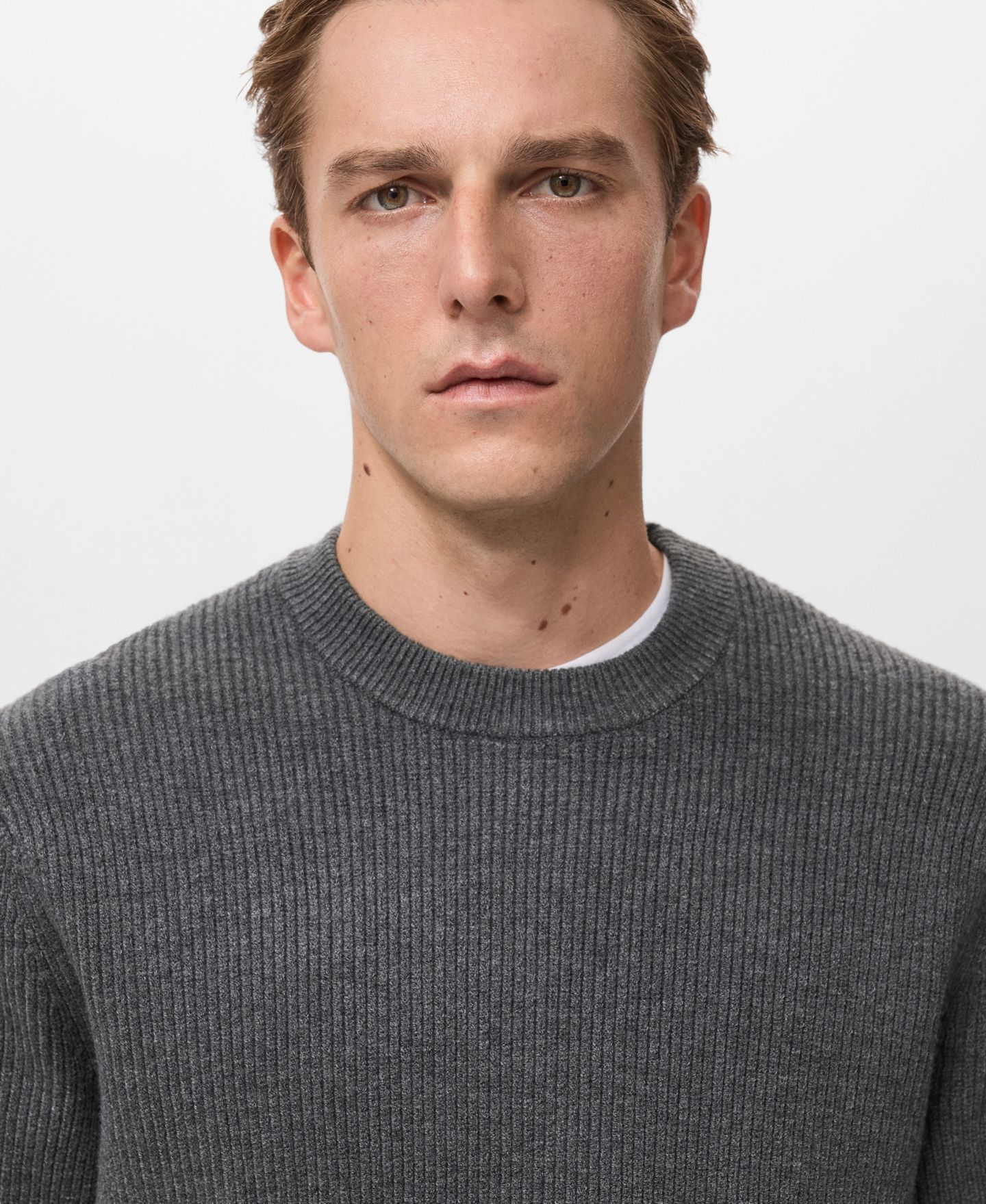 Мужской свитер MANGO Ribbed Wool-Blend, цвет: Тёмный меланжевый серый — фото 4