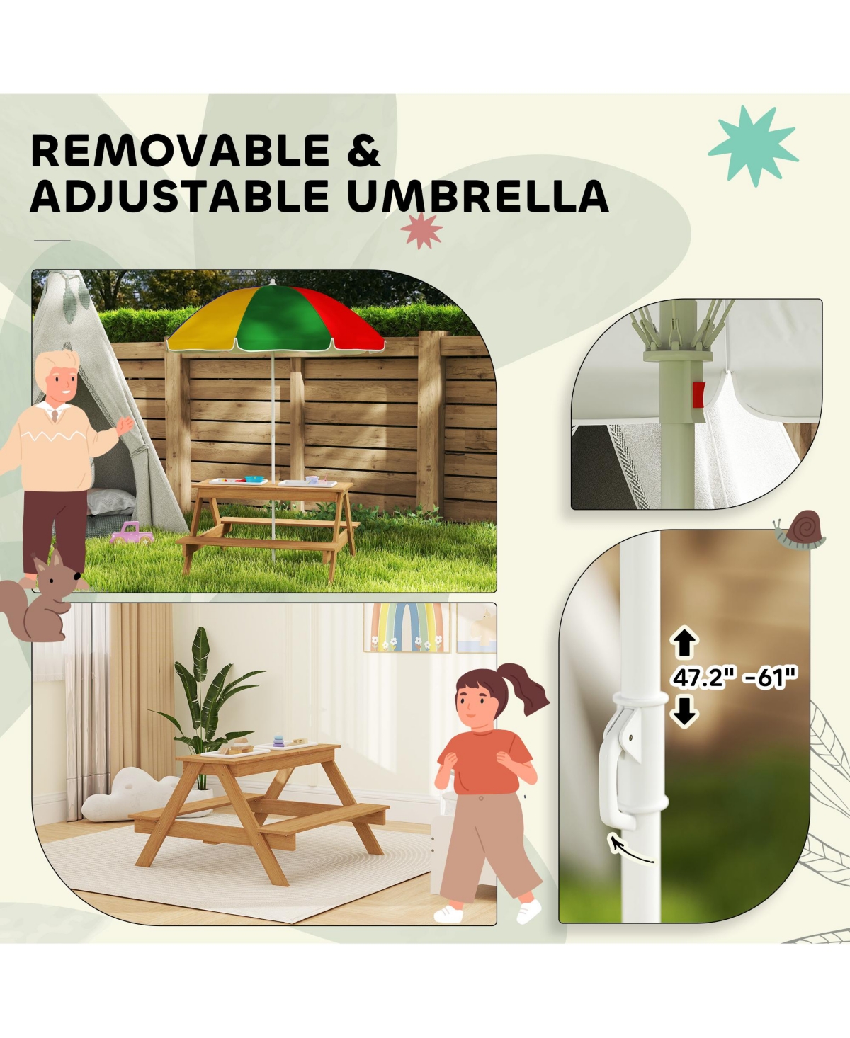 Qaba Kids Picnic Table, Wooden Outdoor Table & Bench Set with Umbrella