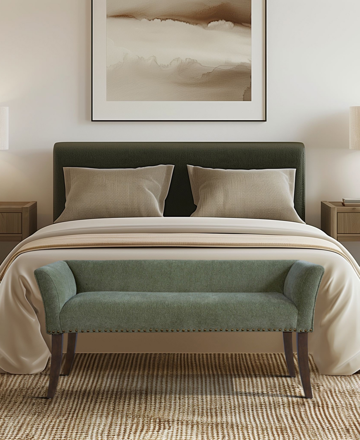 Madison Park Welburn 49.5" Upholstered Bench With Back Wood Legs In Green