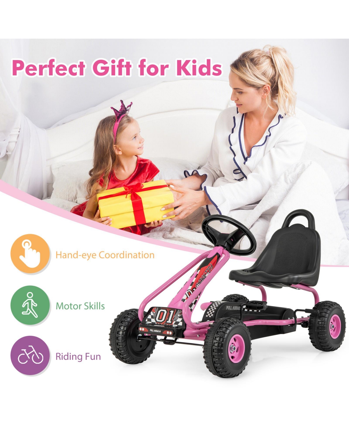 Sugift 4 Wheel Pedal Powered Ride On Car with Adjustable Seat