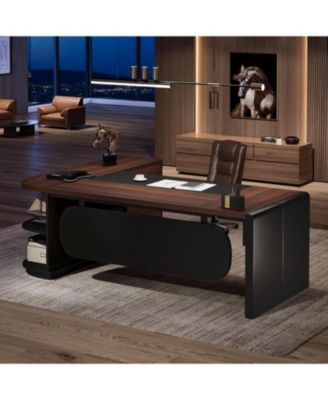 80'' Wood Executive Desk, L-Shaped Office Table with Large Computer Desk with Storage Drawers and Shelve