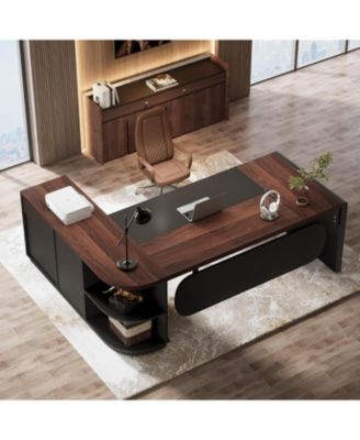 80'' Wood Executive Desk, L-Shaped Office Table with Large Computer Desk with Storage Drawers and Shelve