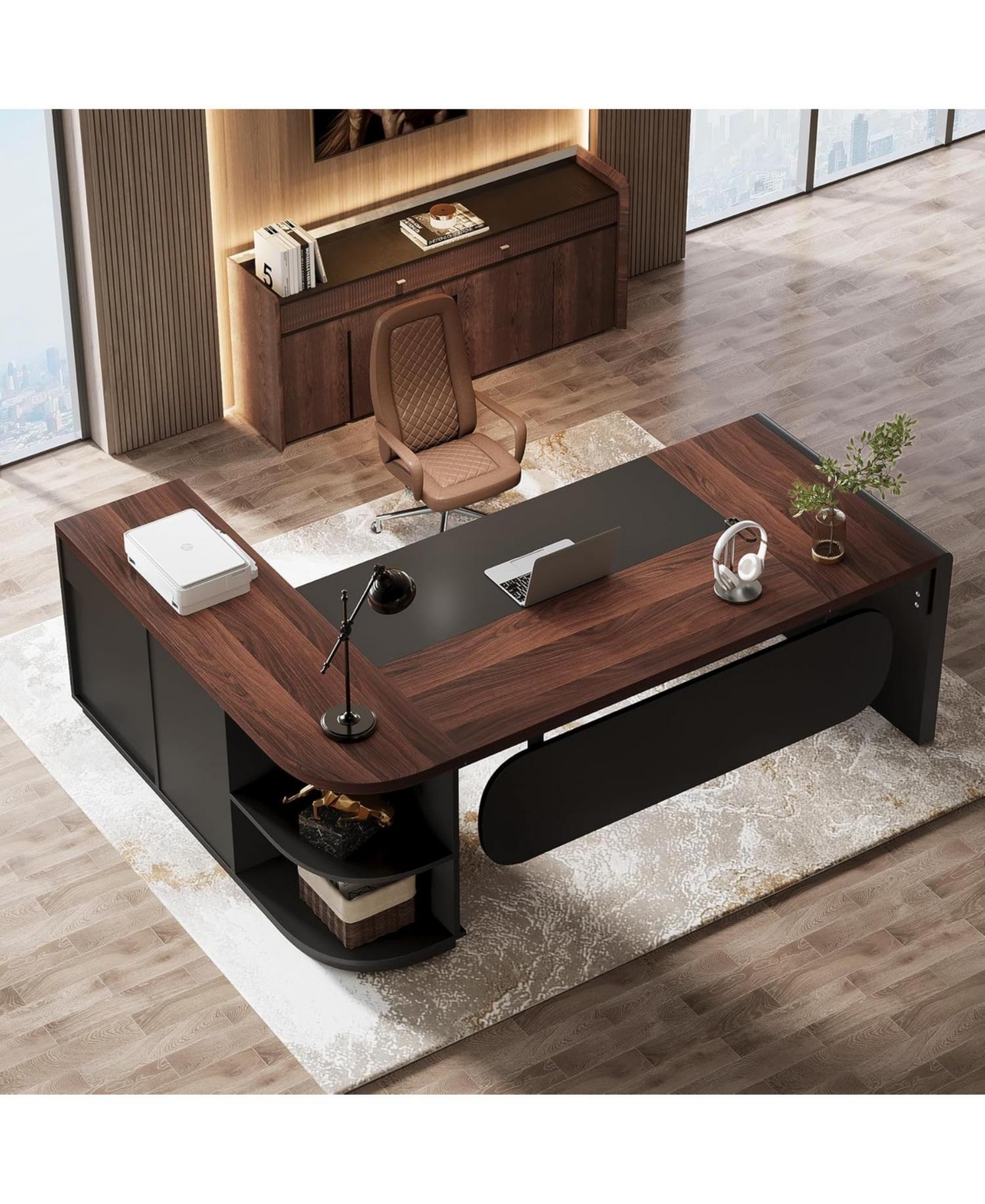 Tribesigns 80'' Executive Desk, L-Shaped Office Table with 55'' Cabinet, Large Computer Desk with Storage Drawers and Shelve