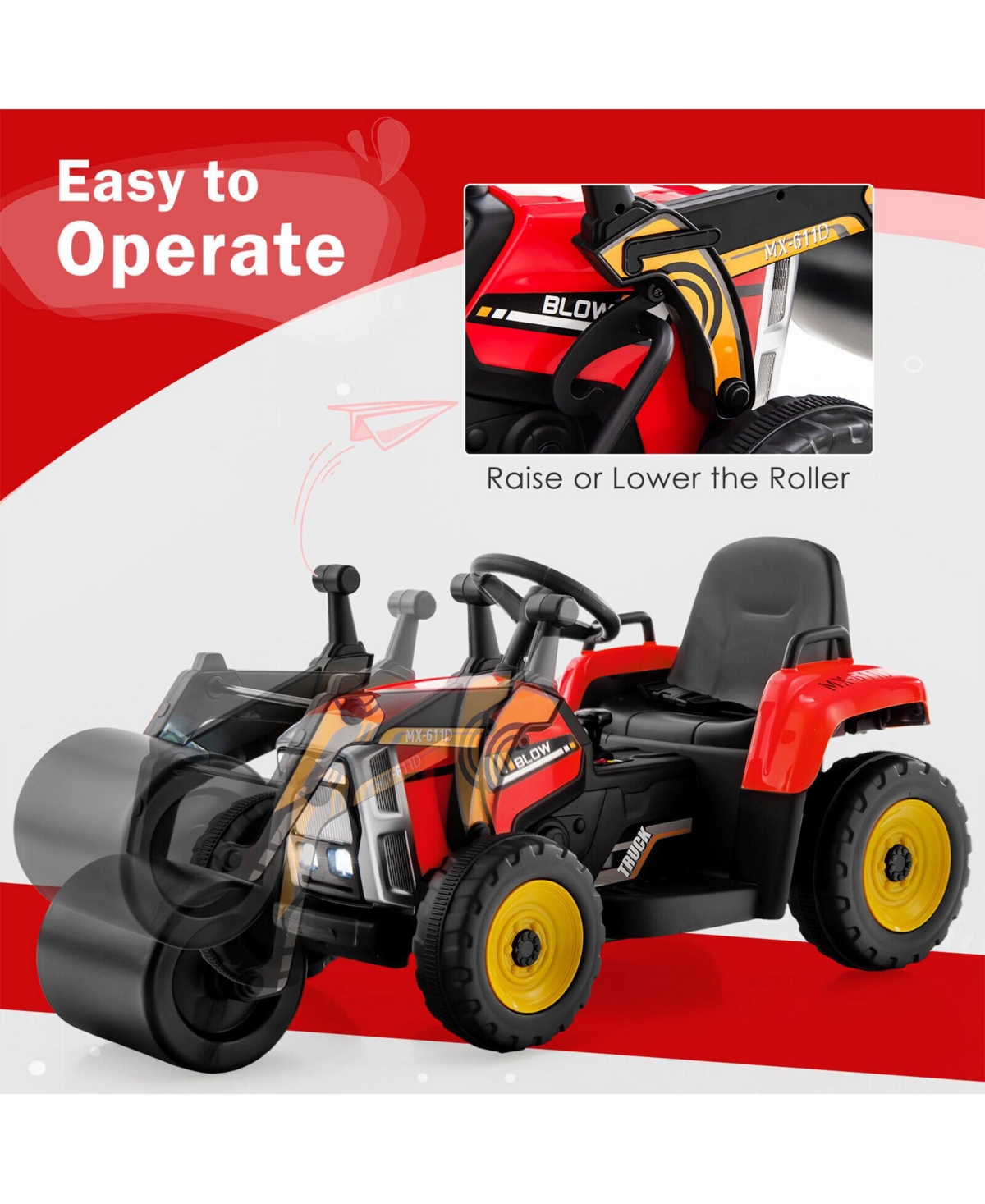 Sugift 12V Kids Ride on Road Roller with 2.4G Remote Control-Red