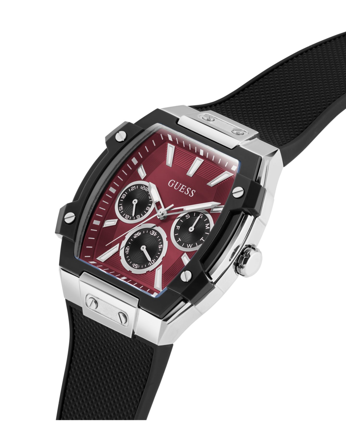 Мужские часы GUESS Silver-Tone Black Silicone Multi-Function Watch, 44mm — фото 4