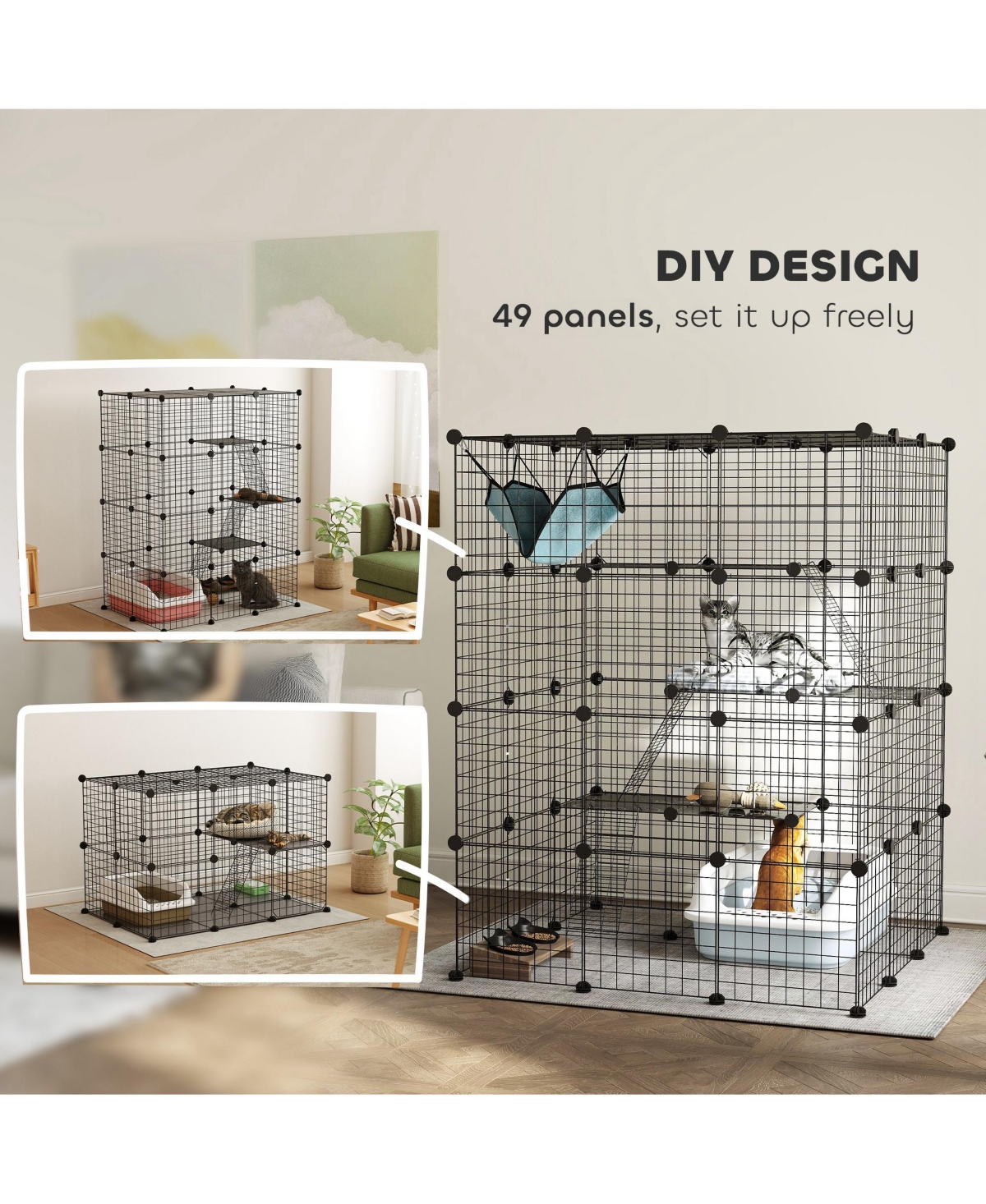 PawHut Diy Cat Cage Indoor with Hammock, for 1-3 Cats, 3 x 3 x 4,