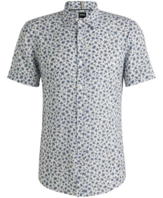 Men's Floral-Print Stretch Linen Slim-Fit Shirt