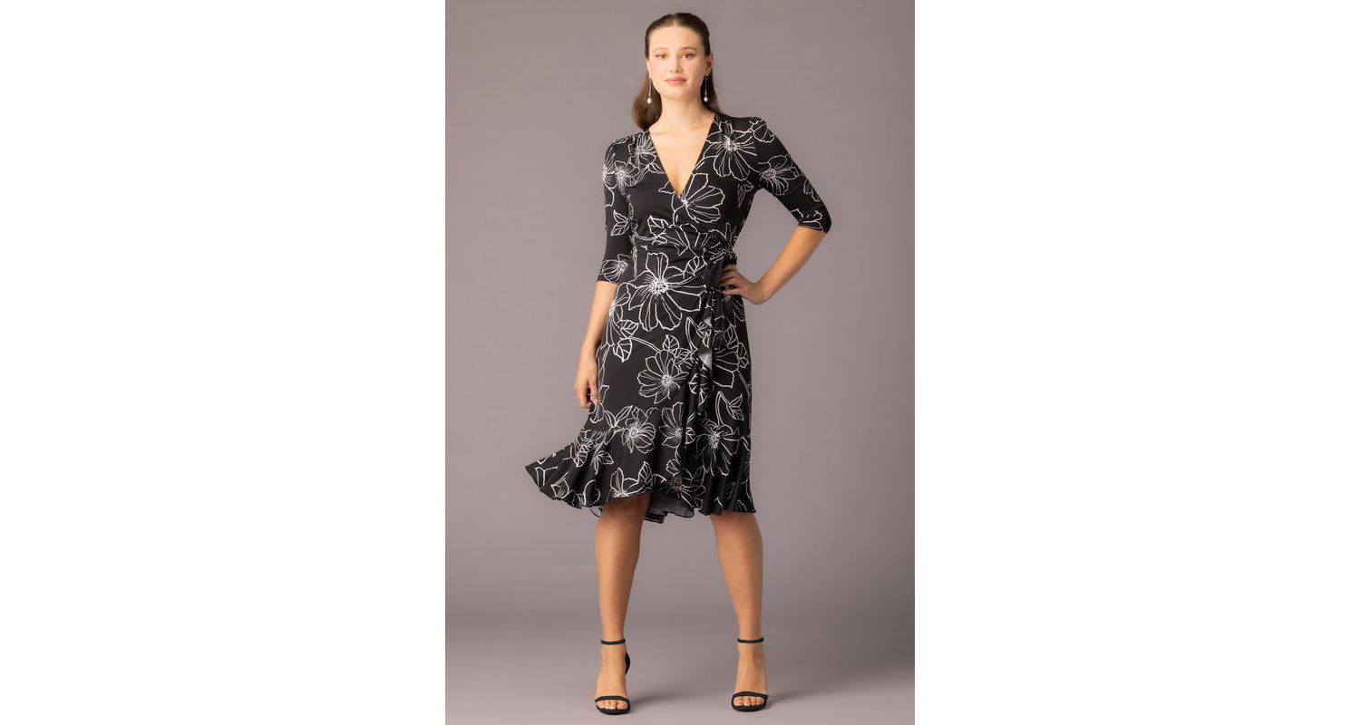 Women's Flirty Flounce Midi Wrap Dress with 3/4 Sleeves