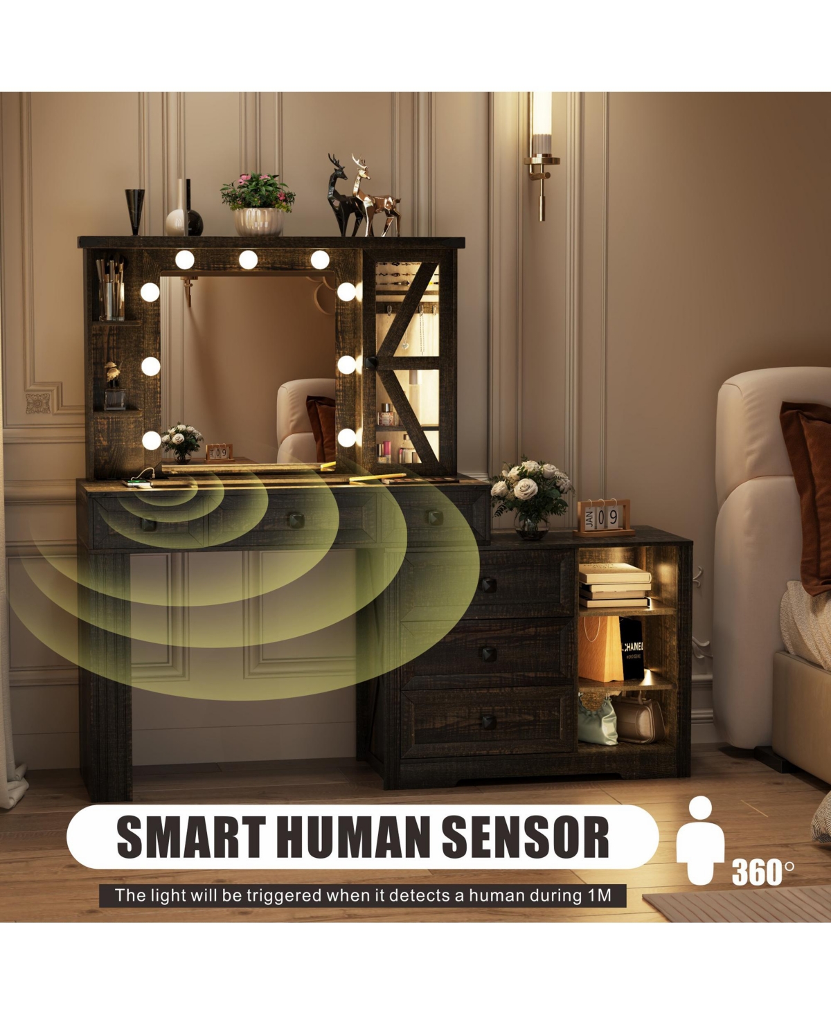 Vlsrka Vanity Makeup Desk with Mirror and Lights