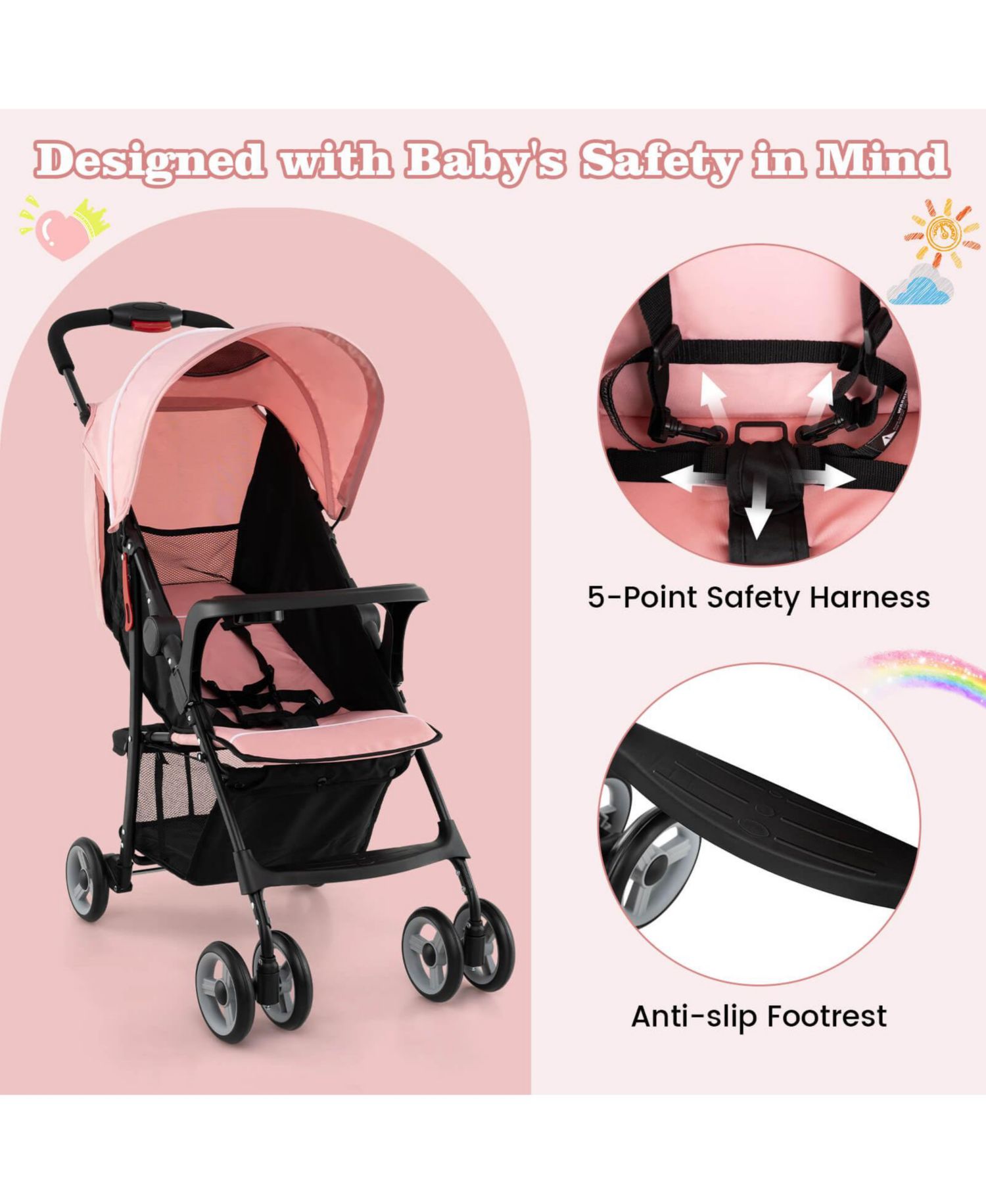 / Foldable, Lightweight, Travel-friendly, 5-Point Safety System / Toddler Stroller