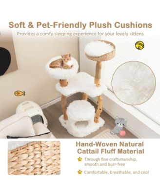 Solid Wood Cat Tower with Top Cattail Basket Cat Bed for Indoor Cats