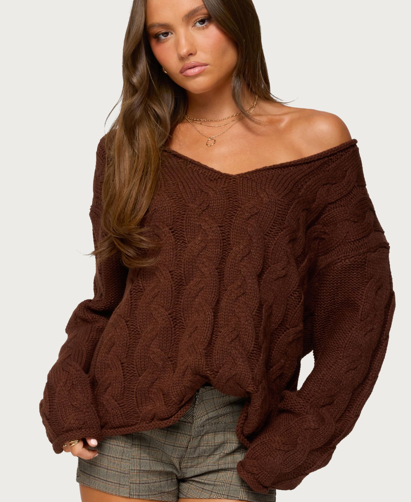 Женский свитер Edikted Inga Oversized Cable Knit, цвет: Коричневый — фото 1