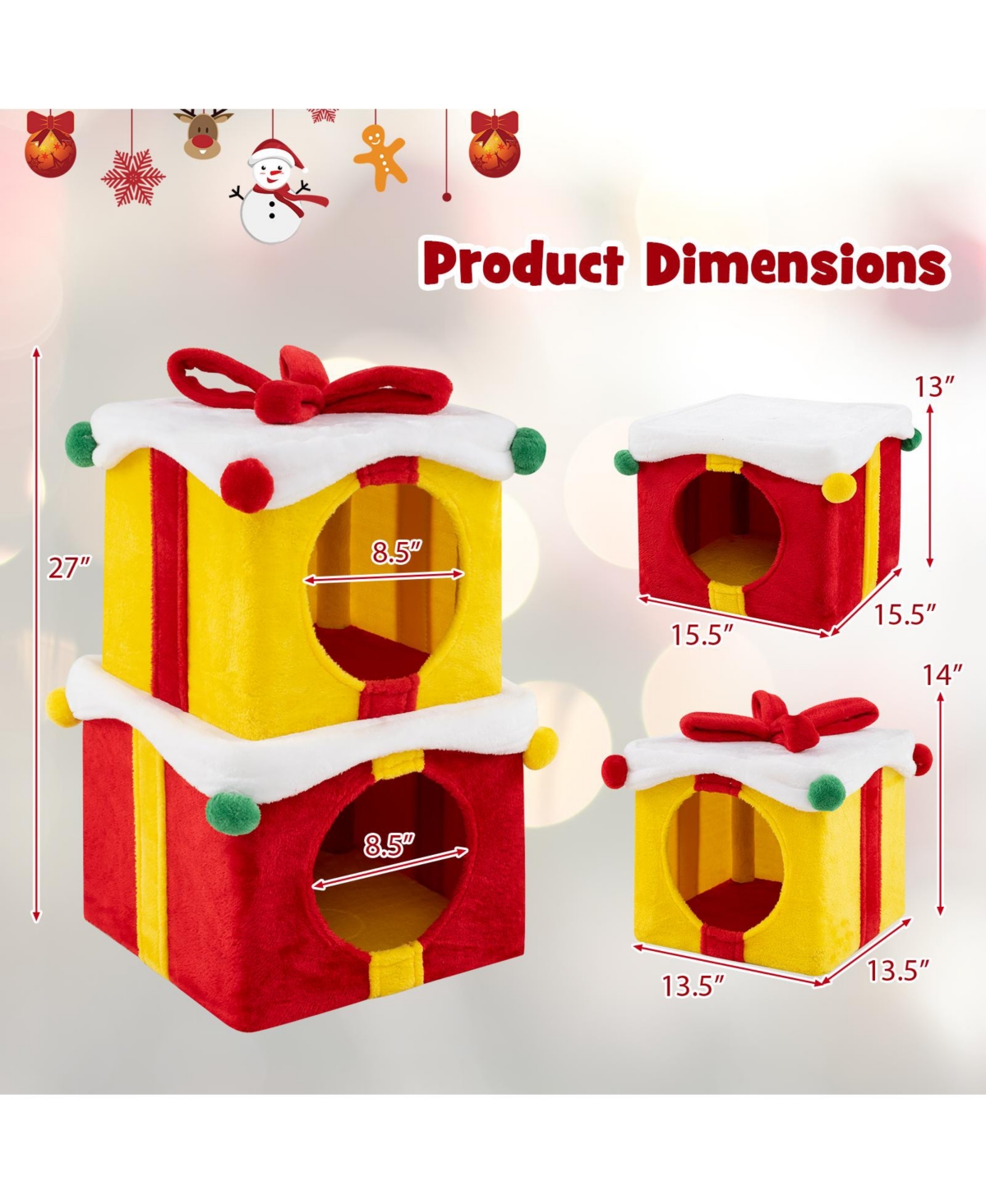 Skonyon 2 Gift Box Shaped Cute Christmas Cat House with Bow