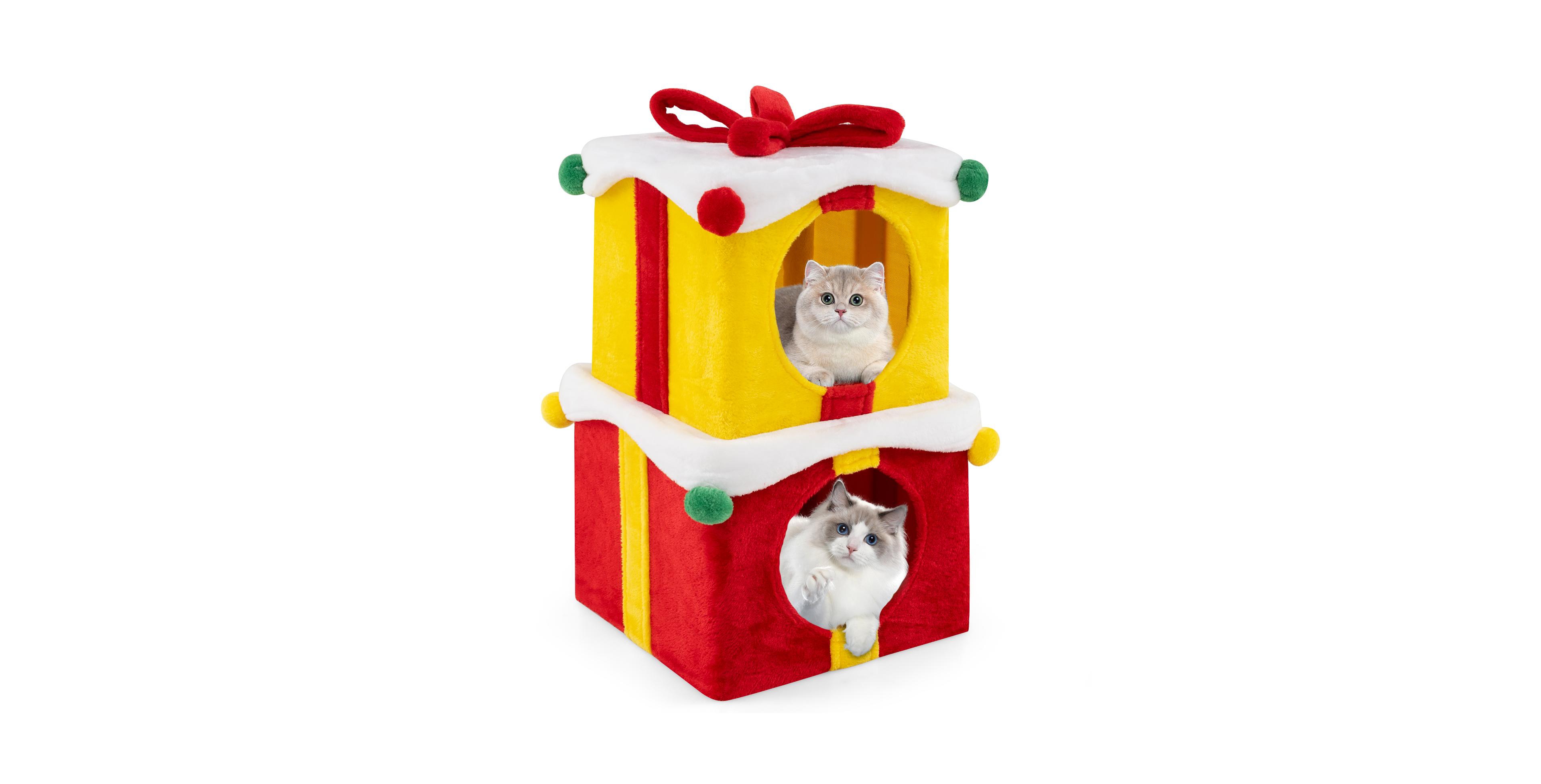 Skonyon 2 Gift Box Shaped Cute Christmas Cat House with Bow