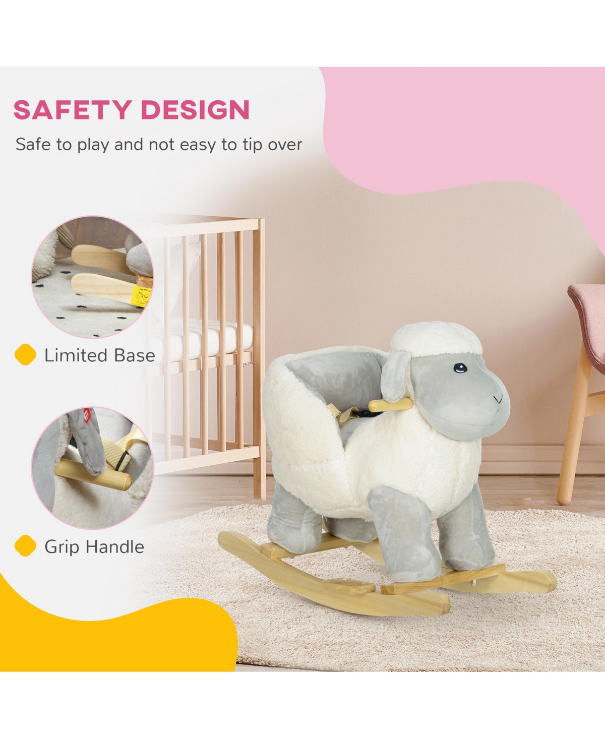 Qaba Kids Rocking Chair with Sound, Wood Base Seat, Safety Belt, Lamb