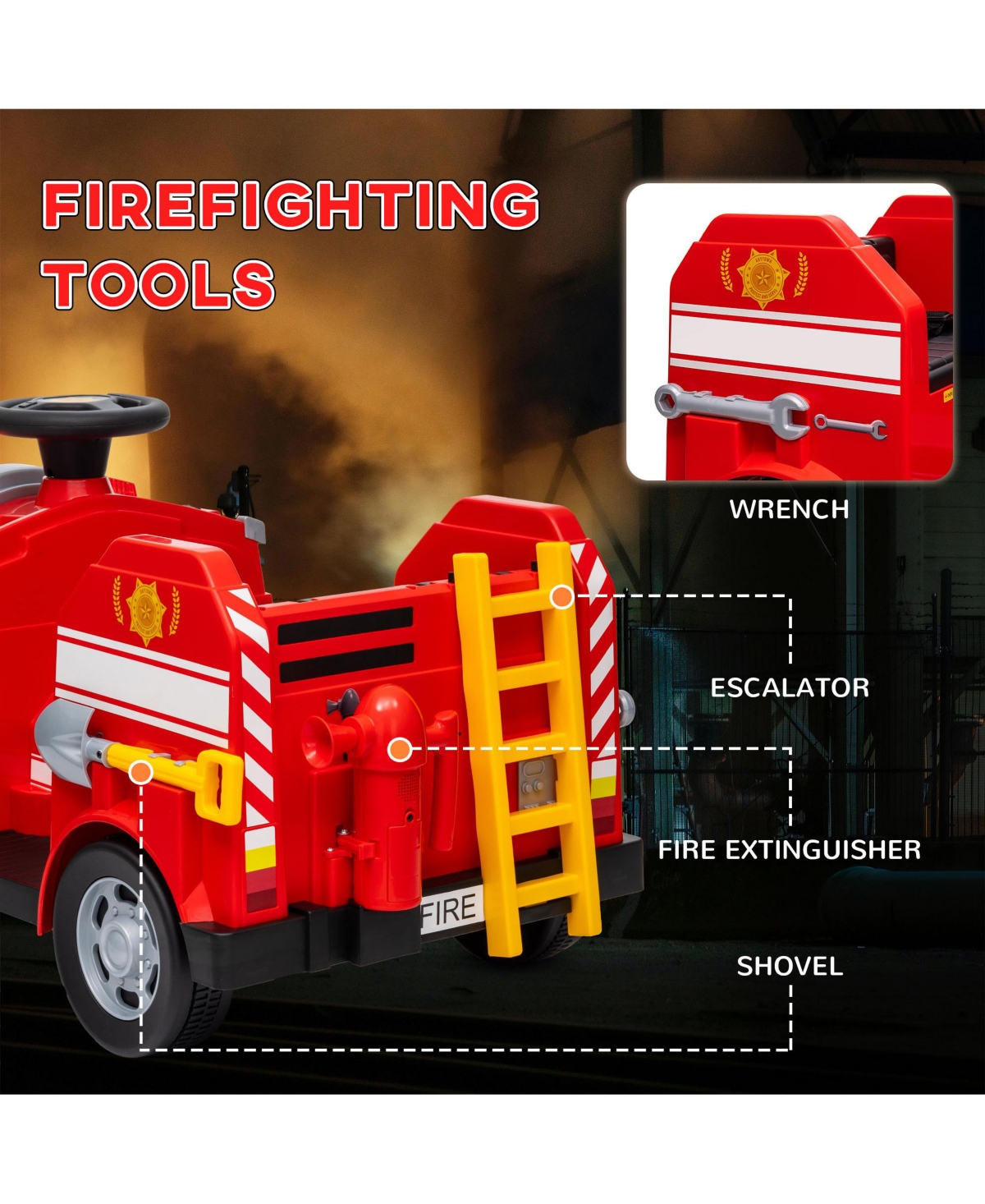 Qaba 12V Ride on Fire Truck w/ Siren, Flashing Lights