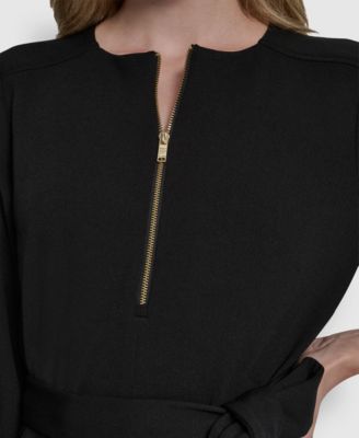 Women's 3/4 Sleeve Wide Leg Exposed Zipper Jumpsuit