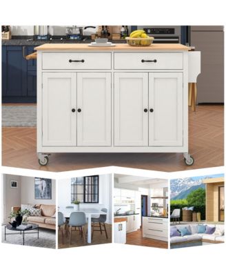 54.3inch Kitchen Island Cart with Solid Wood Top, Locking Wheels, 4-Door Cabinet, Two Drawers, Spice Rack and Towel Rack for Dining Room