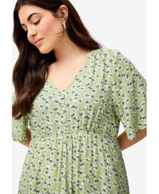 Women's Plus Size V-Neck Empire Dress With Button Trim