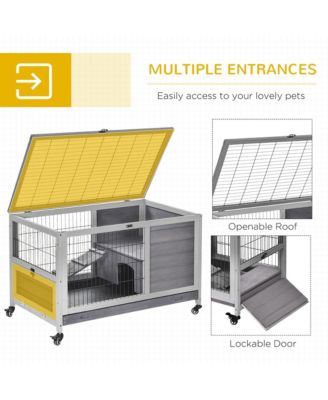 Rabbit Hutch Indoor Small Animal House w/ Pull Out Tray Casters Ramp