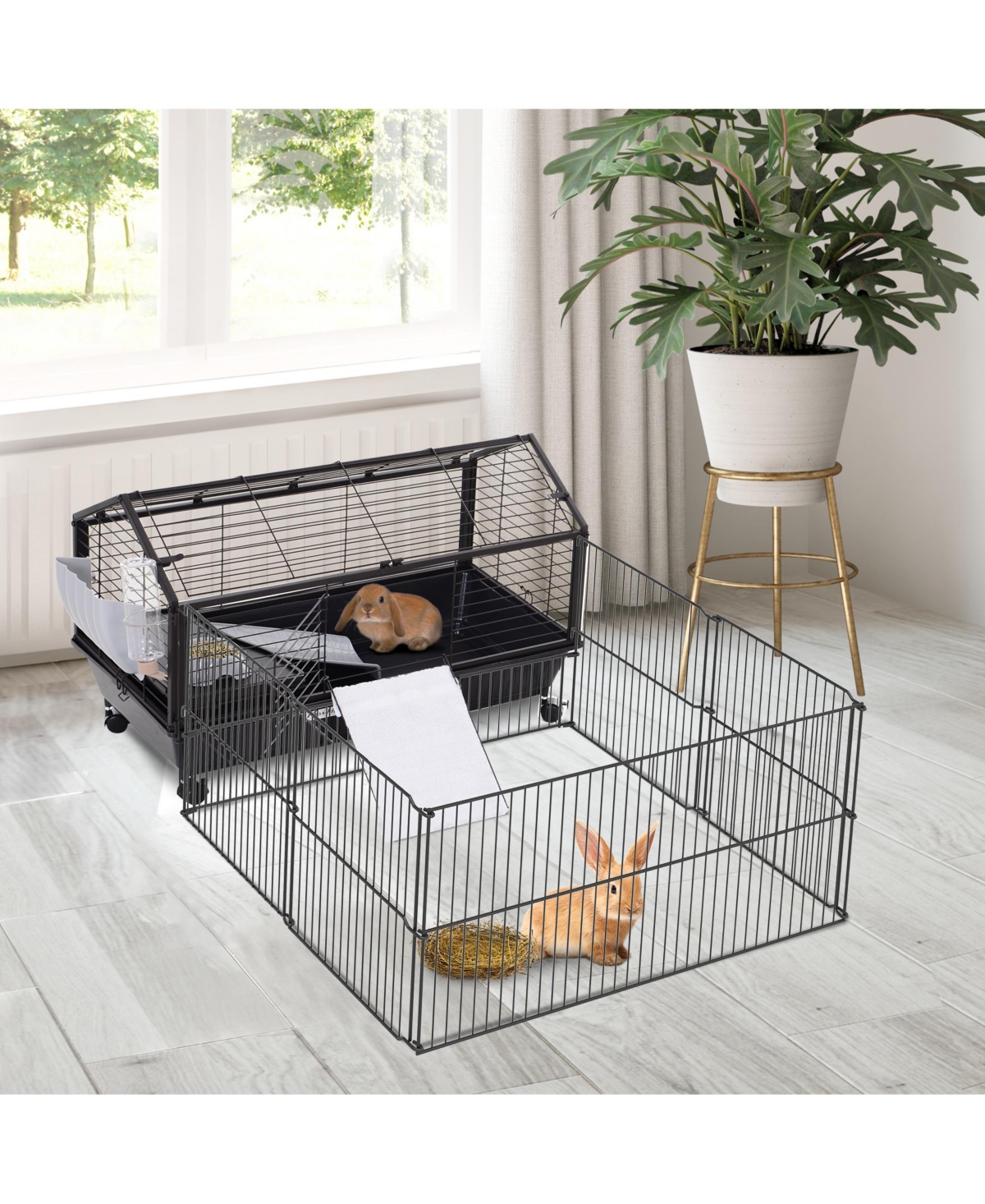 PawHut Small Animal Playpen Cage w/ Rolling Caster, Water Bottle, 35" L