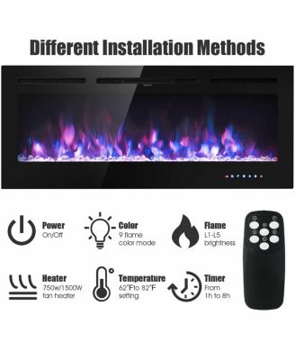 50 Inch Recessed Electric Insert Wall Mounted Fireplace with Adjustable Brightness