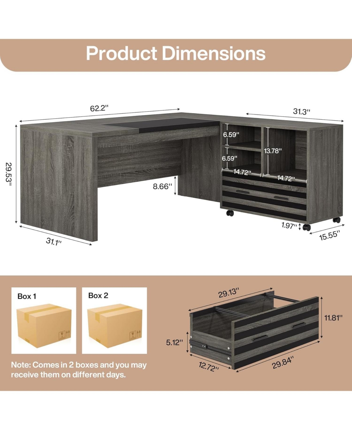 Tribesigns 62.2" Gaming Table,Executive Desk with Mobile File Cabinet, L-Shaped Office Desk with Storage Shelves