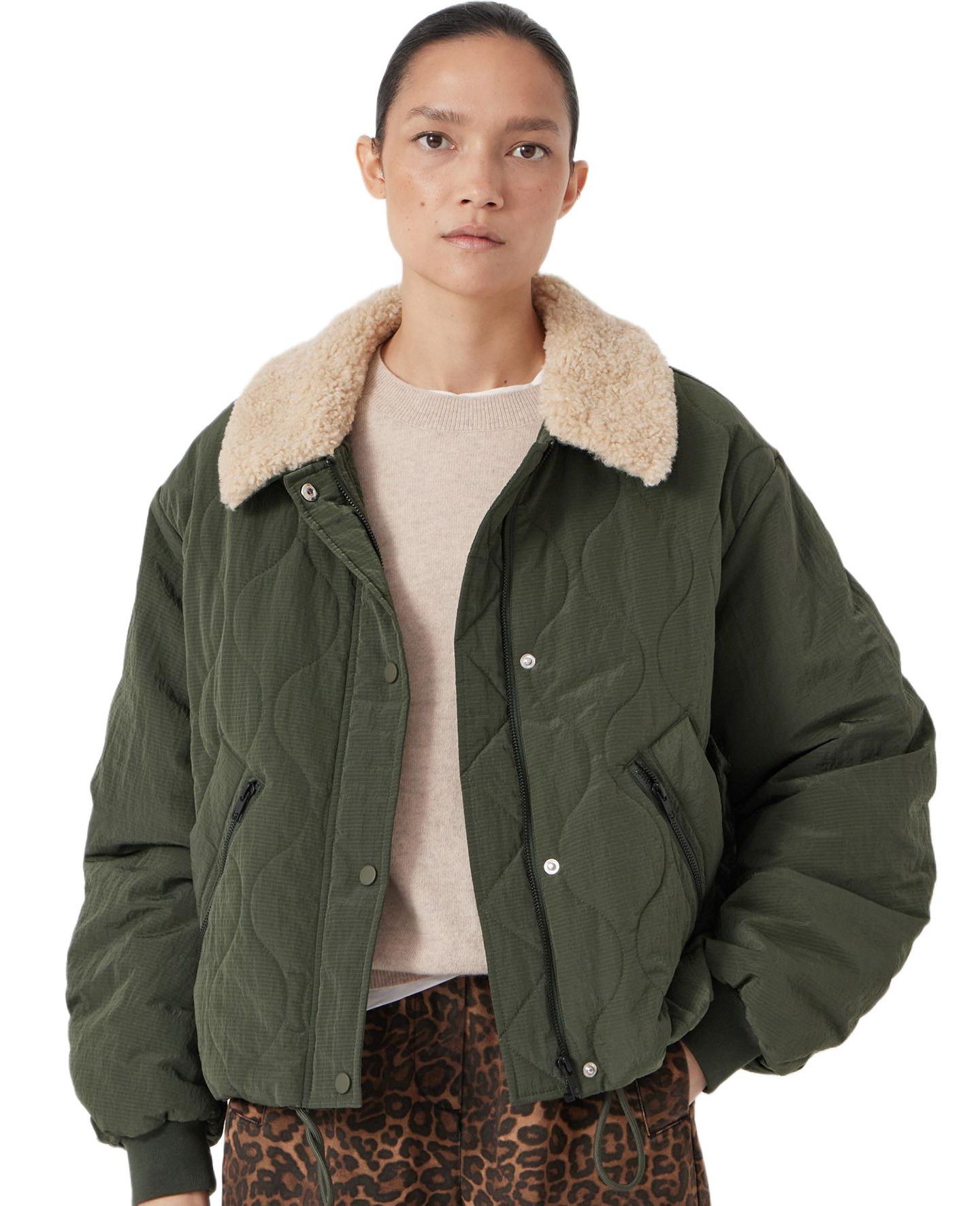Женская куртка Hush Teddy Collar Quilted Bomber Jackets, цвет: Серый зелёный — фото 1