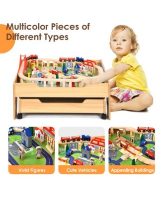 Children's Wooden Railway Set Table with 100 Pieces Storage Drawers