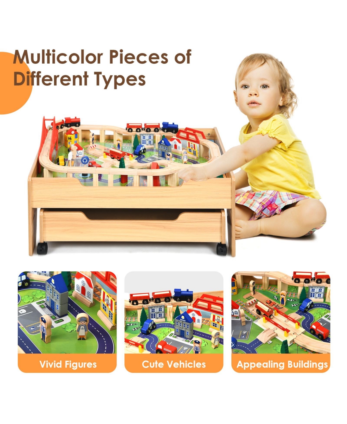 Sugift Children's Wooden Railway Set Table with 100 Pieces Storage Drawers