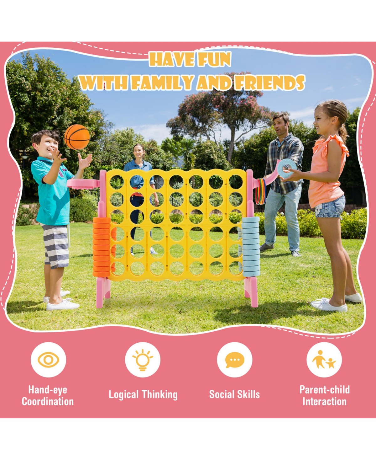 Sugift 4-in-a-Row Connect Game with Basketball Hoop and Toss Ring