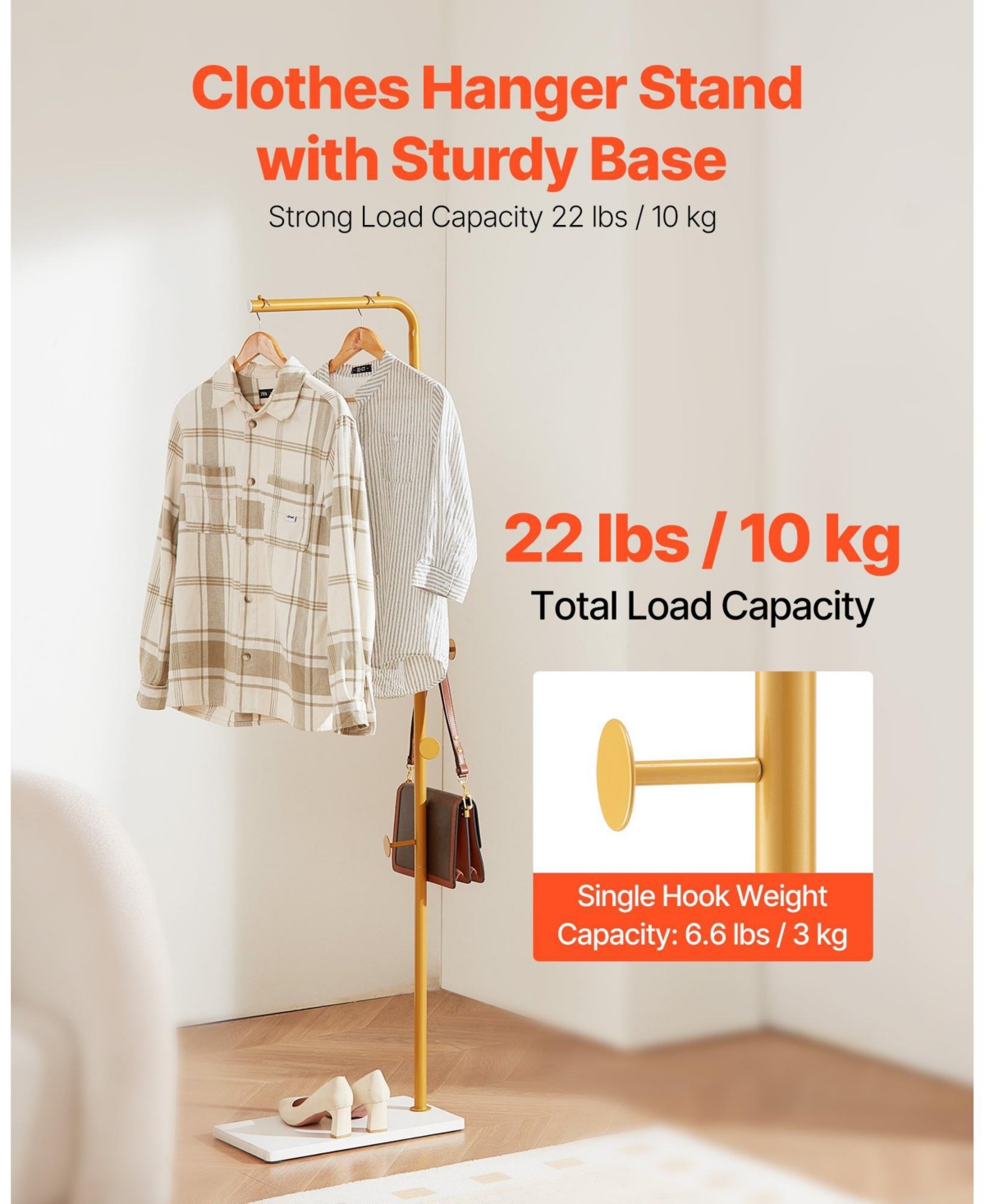 Slickblue Freestanding Coat Rack with Quartz Stone Base and 3 Round Hooks