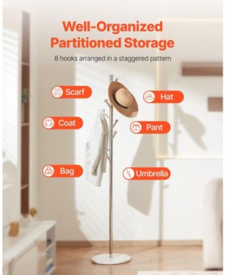 Marble Base Coat Rack Stand with 8 Hooks, Freestanding Design.