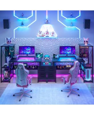 Gaming Desk with 2 Fabric Drawers and LED Lights, Reversible Computer Desk with Outlets & DIY Pegboard