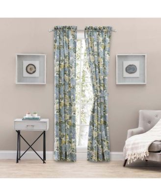 Ellis Hydrangea Classic Pattern Printed 1.5" Rod Pocket Window Tailored Pair with Ties 68"x72" Blue