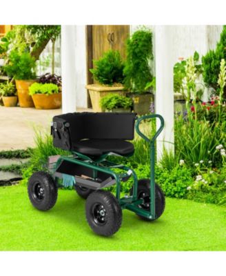 Cushioned Rolling Garden Cart Scooter with Storage Basket and Tool Pouch