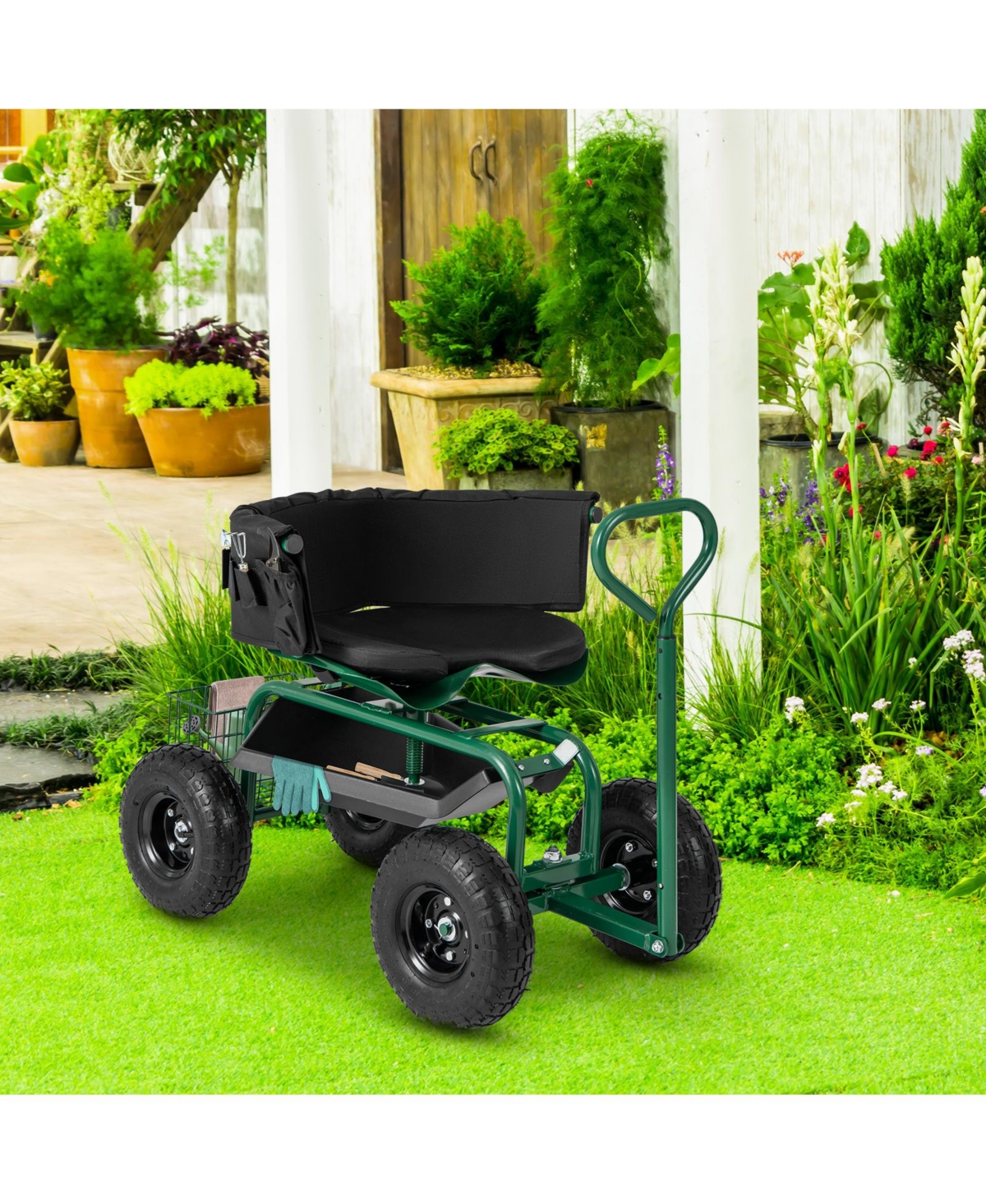 Sugift Cushioned Rolling Garden Cart Scooter with Storage Basket and Tool Pouch